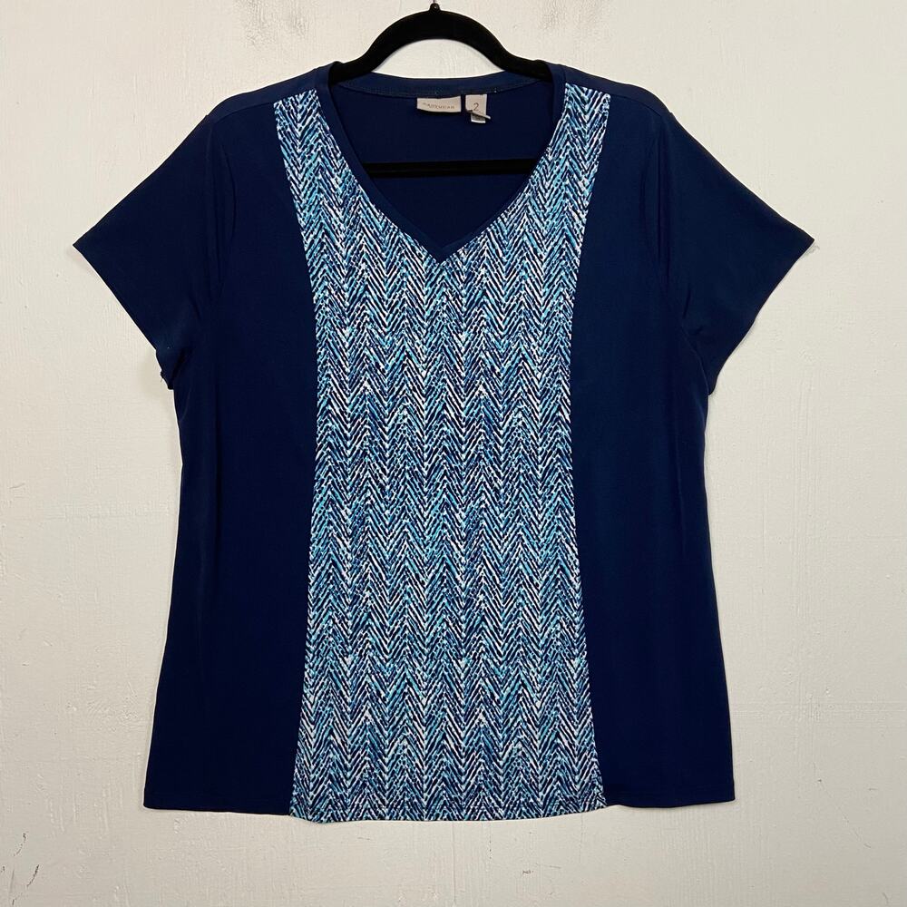 Chico’s Easywear Women’s Blue Pattern V-Neck Short Sleeve Top Size Large